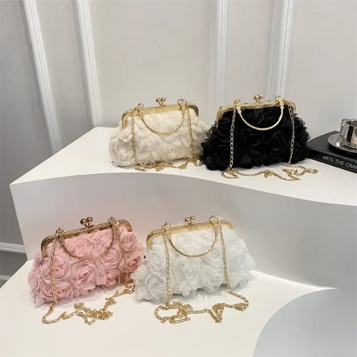 versatile high looking women's evening bag fashion chain bag fairy rose flower internet celebrity popular polyester handbag