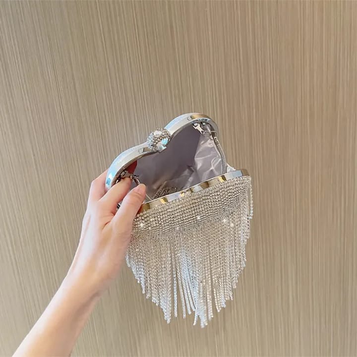 luxury wedding party diamond clutches for women creative heart shape rhinestone bag crystal tassel purses handbags