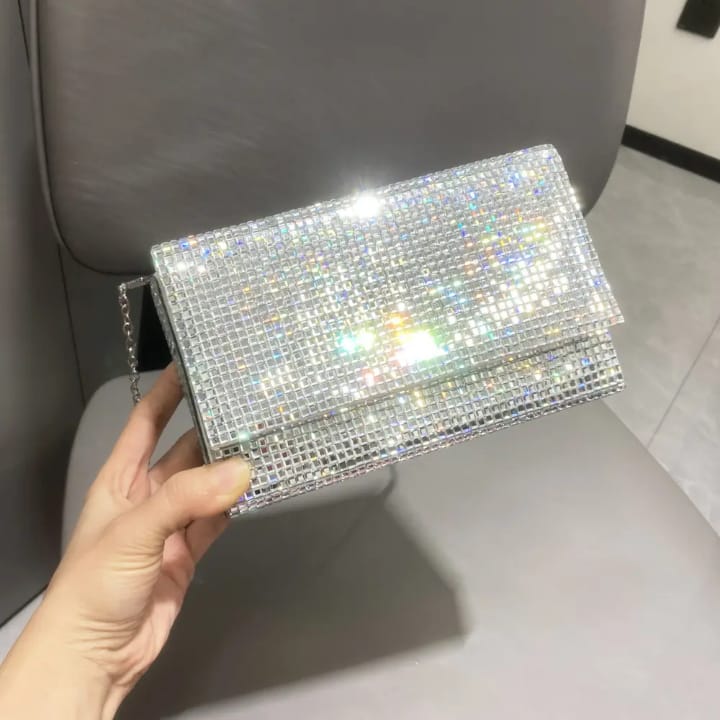 luxury designer evening clutch bag and handbag shoulder bag handle rhinestones silver shiny crystal wedding purses