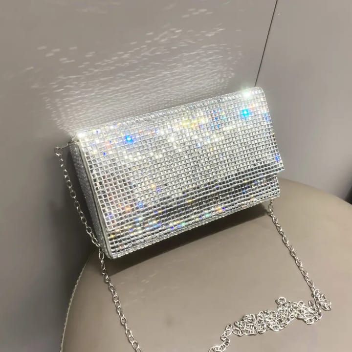 luxury designer evening clutch bag and handbag shoulder bag handle rhinestones silver shiny crystal wedding purses