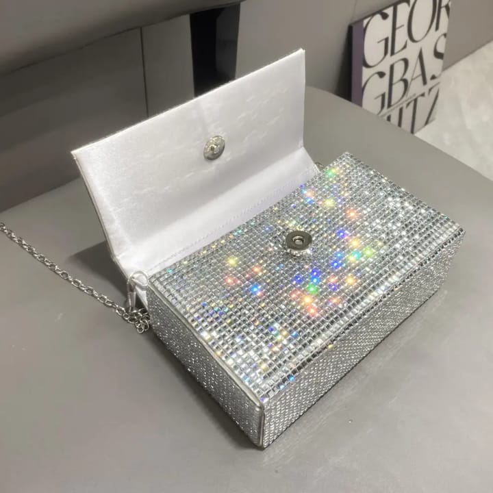 luxury designer evening clutch bag and handbag shoulder bag handle rhinestones silver shiny crystal wedding purses